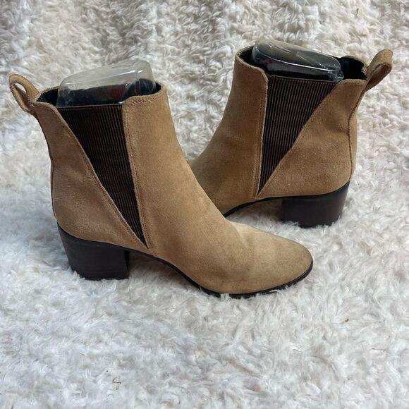 Steve Madden leather Suede Khaki ankle boots elastic sides Block heels SZ7.5 - Picture 1 of 12
